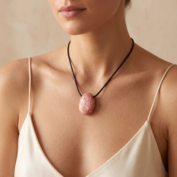 Collier pendentif pierre percée en thulite rose naturelle porté par une femme, cordon noir