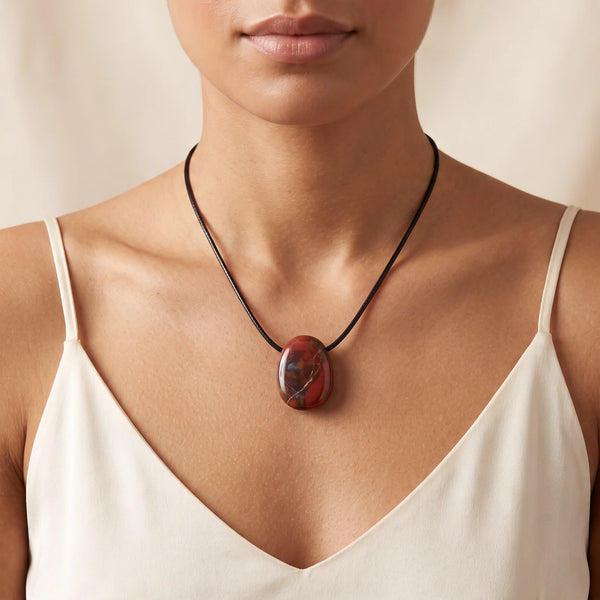 Collier pendentif pierre percée en jaspe breschia rouge porté par une femme