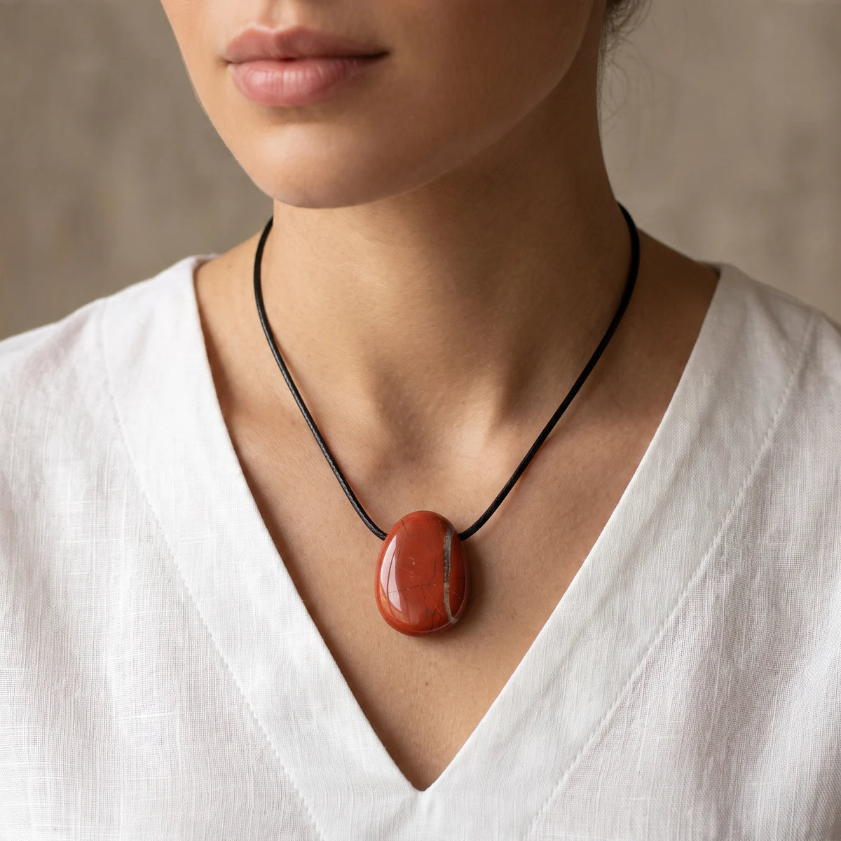 Collier pendentif rouge en jaspe, pierre percée ovale portée par une femme