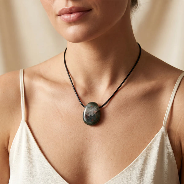 Collier pendentif pierre percée en jaspe héliotrope vert porté par une femme