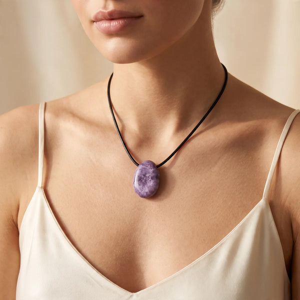 Collier pendentif pierre percée en lépidolite violette porté par une femme, cordon noir