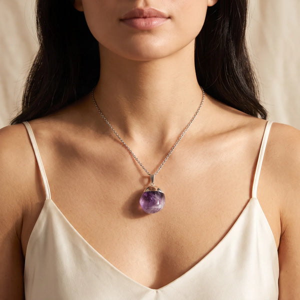 Collier pierre roulée en améthyste naturelle portée par une femme, chaîne argentée