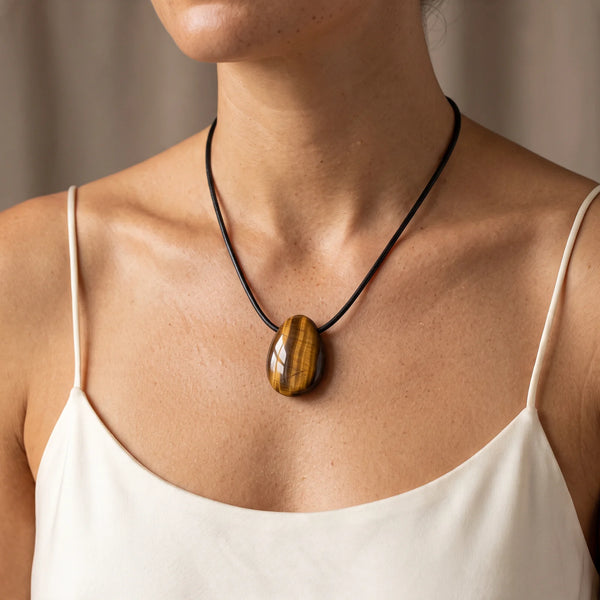 Collier œil de tigre femme, pendentif goutte en pierre naturelle sur cordon noir