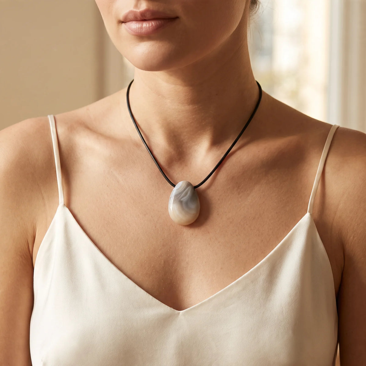 Collier pendentif goutte en agate du Botswana portée par une femme, cordon noir