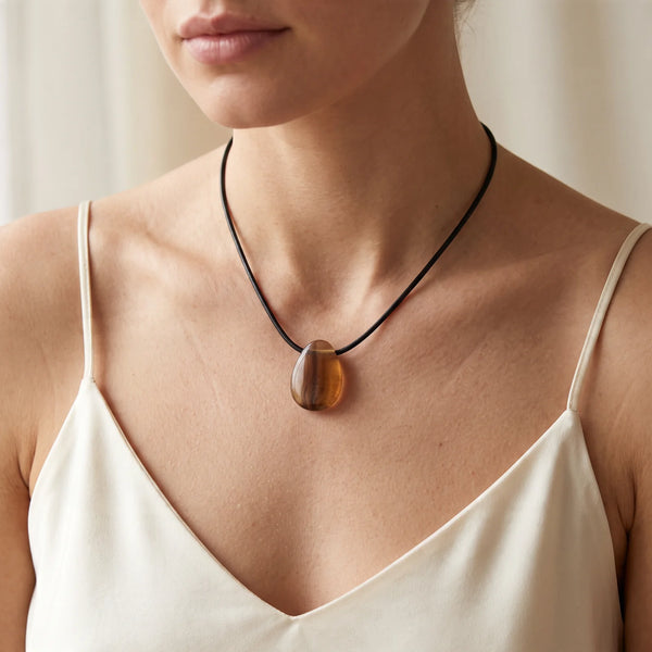 Collier pendentif goutte en fluorine jaune naturelle porté par une femme, cordon noir