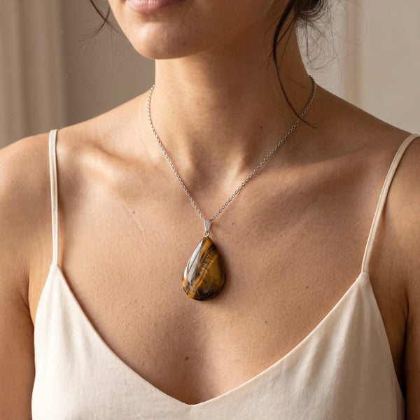 Collier pendentif goutte en œil de tigre naturel porté par une femme, chaîne argentée