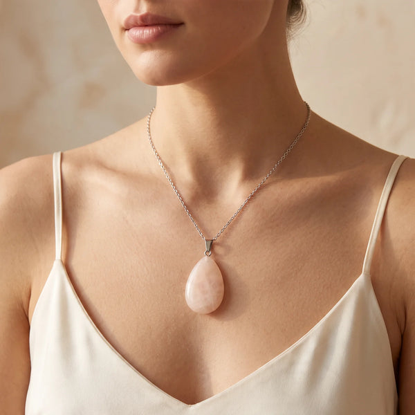 Collier pendentif goutte en aventurine rose pâle porté par une femme, chaîne argentée