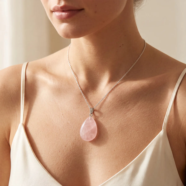 Collier pendentif goutte en quartz rose naturel porté par une femme, chaîne argentée