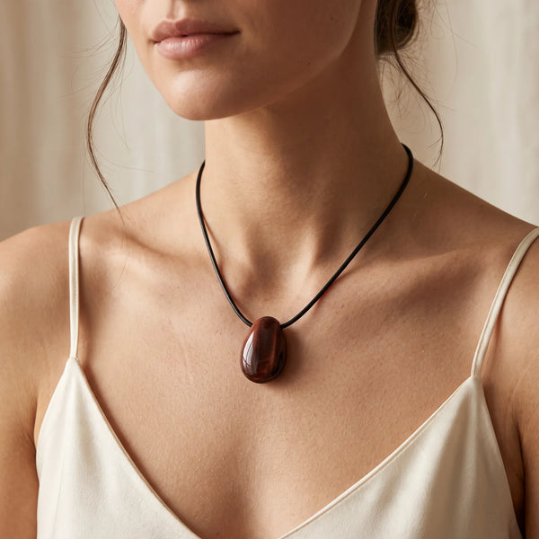 Collier pendentif goutte en œil de taureau naturel porté par une femme, cordon noir