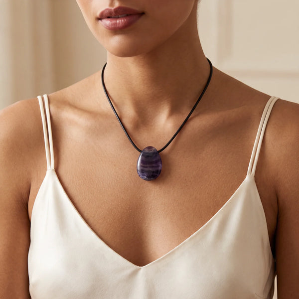 Collier pendentif goutte en fluorine violette naturelle porté par une femme