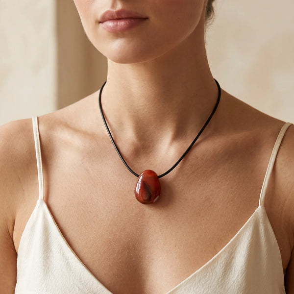 Collier pendentif goutte en cornaline naturelle porté par une femme, cordon noir