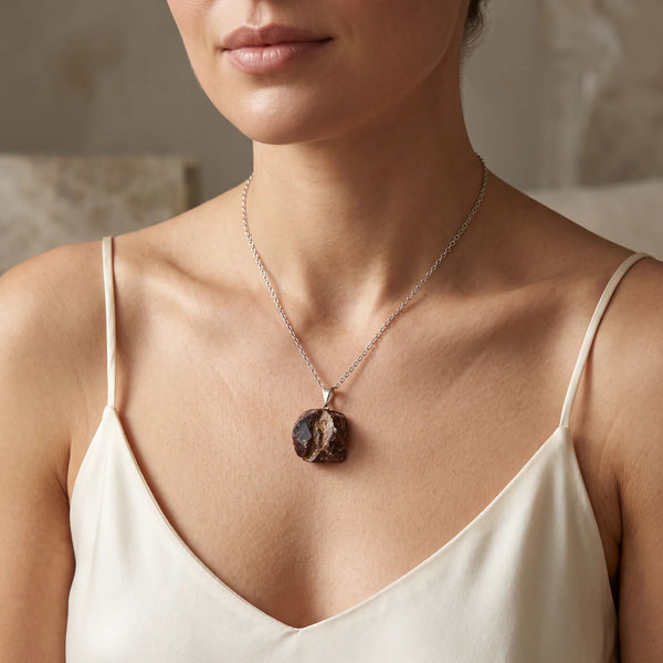 Collier pendentif pierre brute en grenat rouge naturel porté par une femme