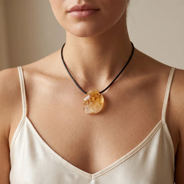 Collier pendentif citrine roulée percée jaune doré porté par une femme, cordon noir
