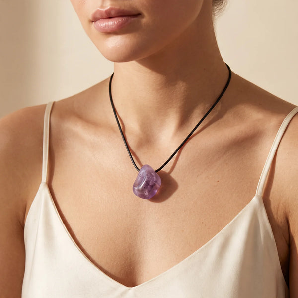 Collier pendentif roulé percé en améthyste naturelle porté par une femme, cordon noir