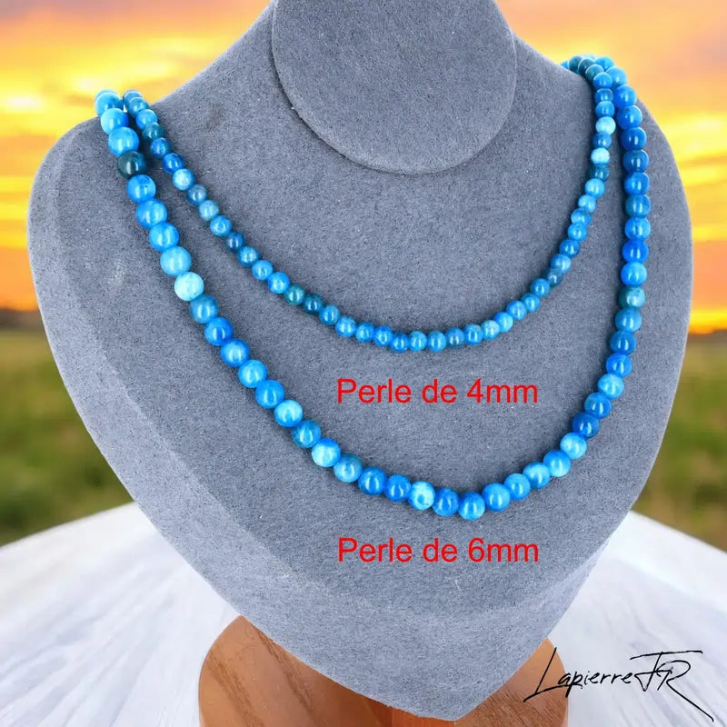 Collier Apatite Bleue en pierre naturelle, bijou de lithothérapie pour femme, composé de perles rondes bleues véritables.