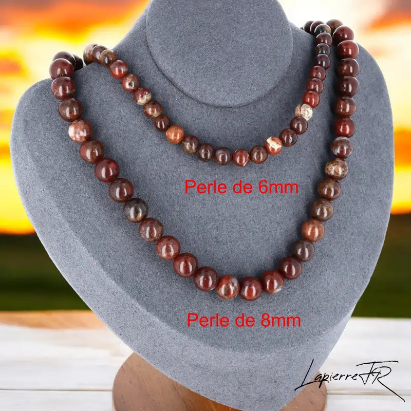 Collier Jaspe Bréchique en pierre naturelle, bijou de lithothérapie pour femme, perles rondes rouges et brunes véritables.