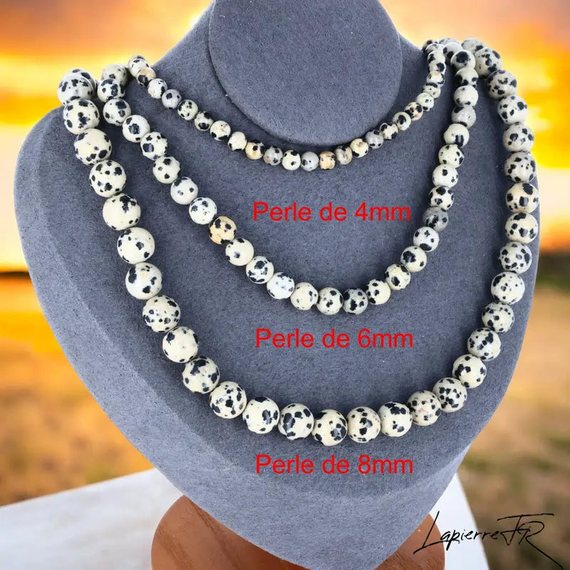 Collier Jaspe Dalmatien, pierre naturelle tachetée, perles rondes véritables, bonne humeur et protection.