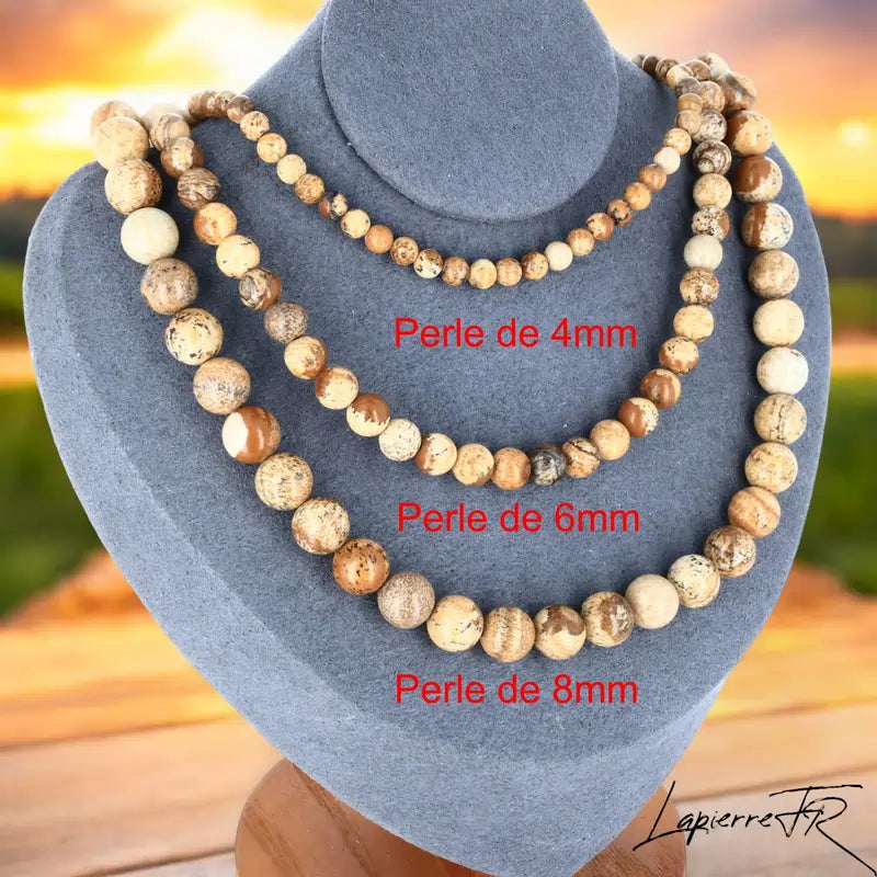 Collier Jaspe Paysage en pierre naturelle, bijou de lithothérapie pour femme, perles rondes marron et sable véritables.