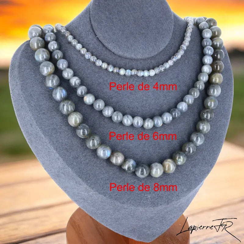 Collier Labradorite en pierre naturelle, perles rondes gris–bleuté véritables, protection et intuition, bijou féminin.