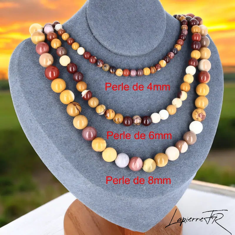 Collier Jaspe Mokaïte en pierre naturelle, bijou de lithothérapie pour femme, perles rondes multicolores véritables aux tons chauds.