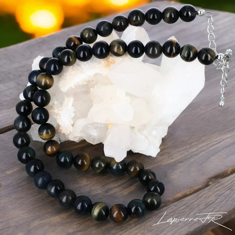 Bijou en pierre naturelle Œil de Faucon, collier pour femme en perles rondes, pierre de clairvoyance favorisant la lucidité et la sérénité mentale.