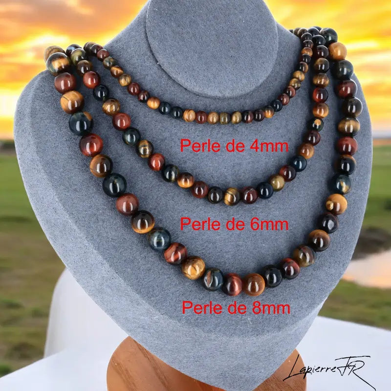 Collier Œil de Tigre Multi en pierre naturelle, bijou de lithothérapie pour femme, perles rondes véritables alliant Œil de Tigre, Œil de Faucon et Œil de Taureau.