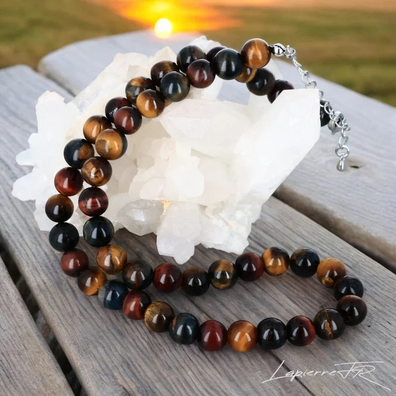 Bijou en pierre naturelle Œil de Tigre Multi, collier pour femme en perles rondes, symbole de protection, de confiance et de force intérieure.