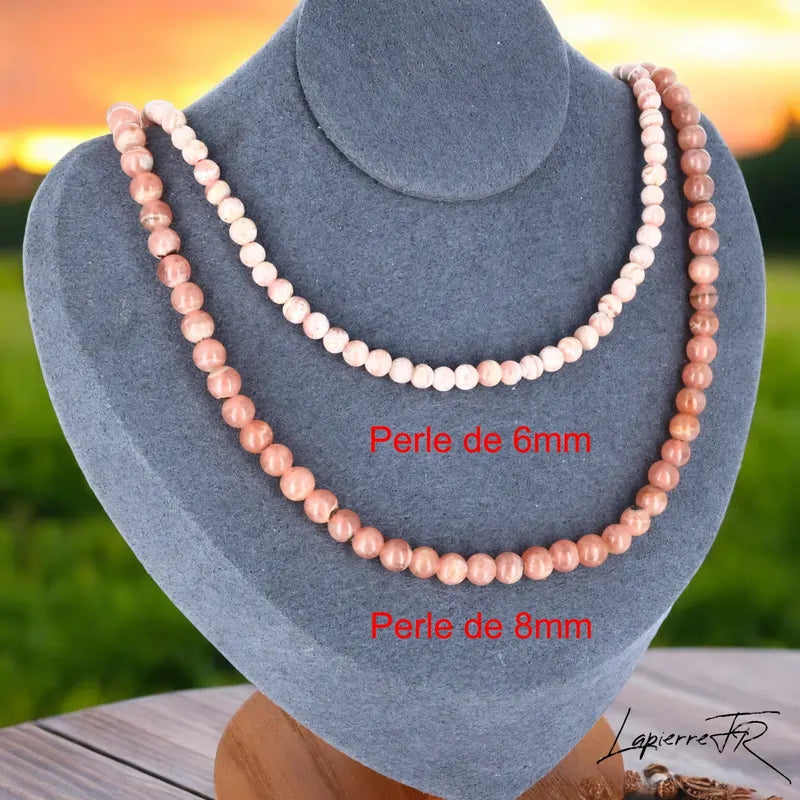 Collier Rhodochrosite en pierre naturelle, bijou de lithothérapie pour femme, perles rondes roses véritables, symbole de tendresse, d’amour et d’équilibre émotionnel.