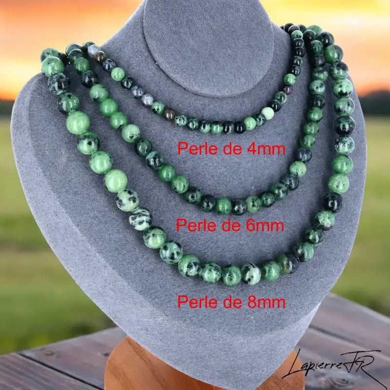 Collier Rubis Zoïsite en pierre naturelle, bijou de lithothérapie pour femme, perles rondes vertes et rosées véritables, symbole d’énergie et d’harmonie.