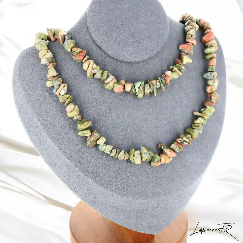Collier Unakite Baroque Équilibre Vert & Rose (Harmonie Terrestre) avec pépites naturelles bicolores.