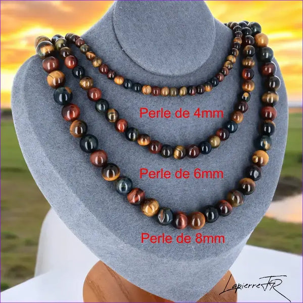 Collier en pierre naturelle œil de tigre multi, triple protection et élégance.