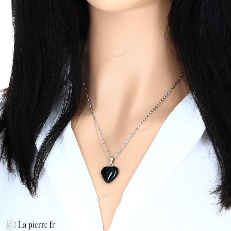 Pendentif cœur en Onyx noir naturel, bijou de lithothérapie de protection et d'ancrage