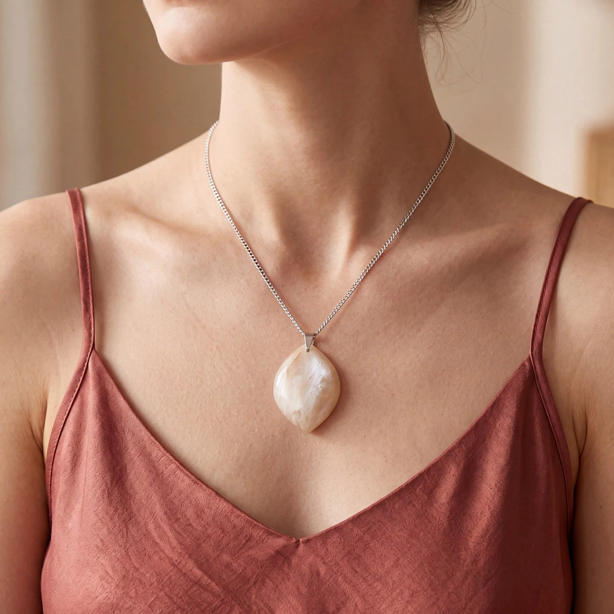 Collier pierre de lune naturelle porté par une femme, pendentif plat beige forme libre