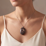 Pendentif Pierre de Lune Noire Homme et Femme, Ovale Plat, Chaîne ou Cordon