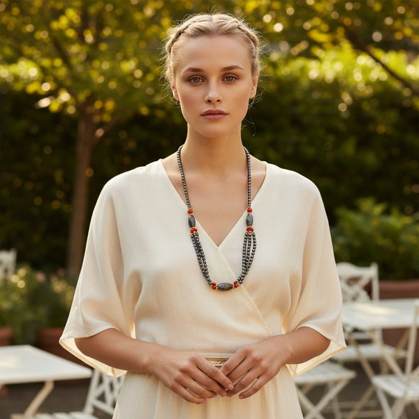 Collier hématite femme trois rangs porté au cou