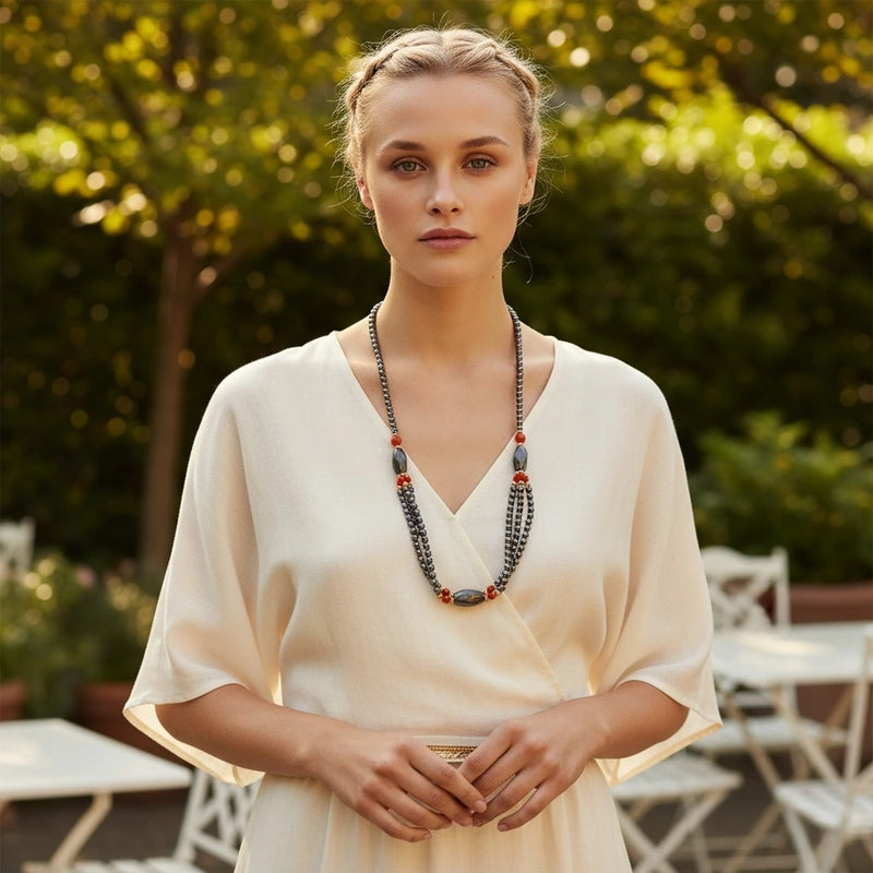 Collier hématite femme trois rangs porté au cou