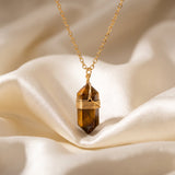 Collier Œil de Tigre Femme, Pendentif Pointe Doré