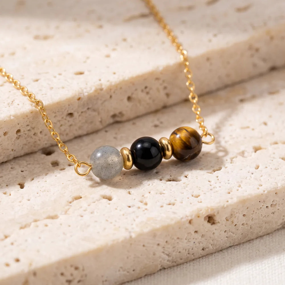 Collier Onyx, Labradorite et Œil de Tigre TRINA®, Chaîne Dorée
