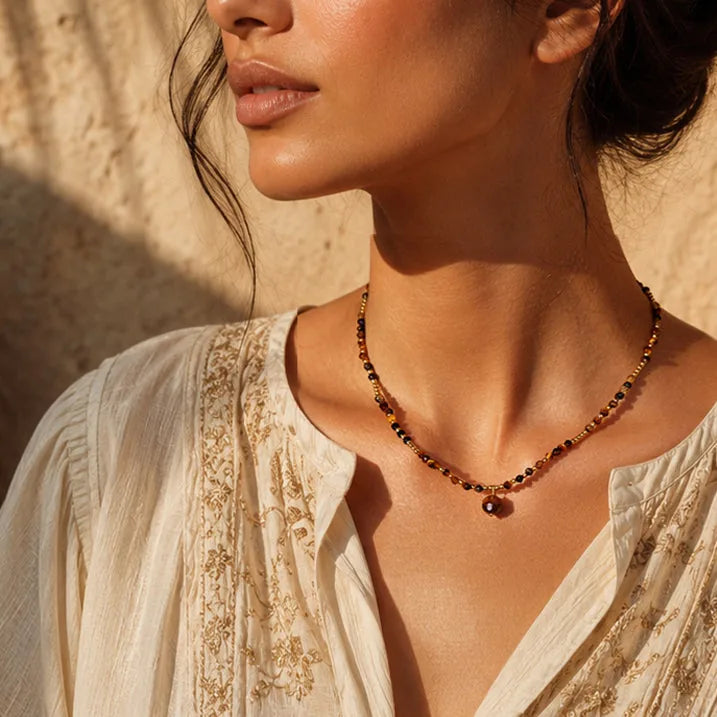 Collier pierre naturelle femme en œil de tigre porté par une femme, chaîne et perles dorées