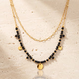 Collier Onyx Noir CALYA®, Double Rang Superposé Doré