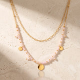 Collier Quartz Rose CALYA®, Double Rang Bohème et Médaillons Dorés
