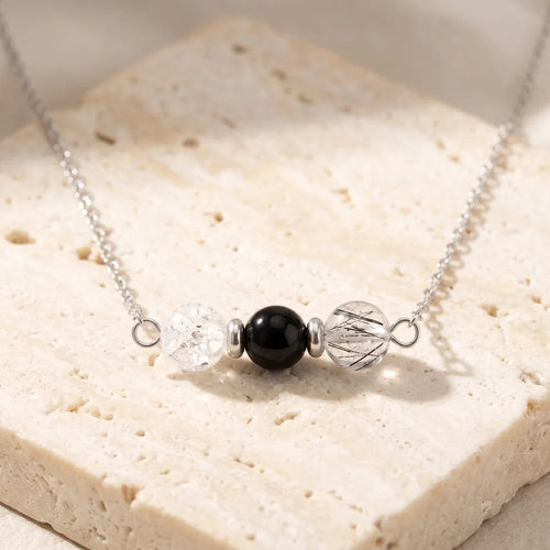 Collier Tourmaline, Onyx et Cristal de Roche TRINA®, Chaîne Argentée
