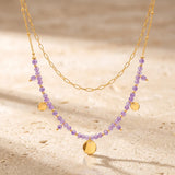 Collier Double Rang Améthyste CALYA®, Chaîne Dorée et Pampilles