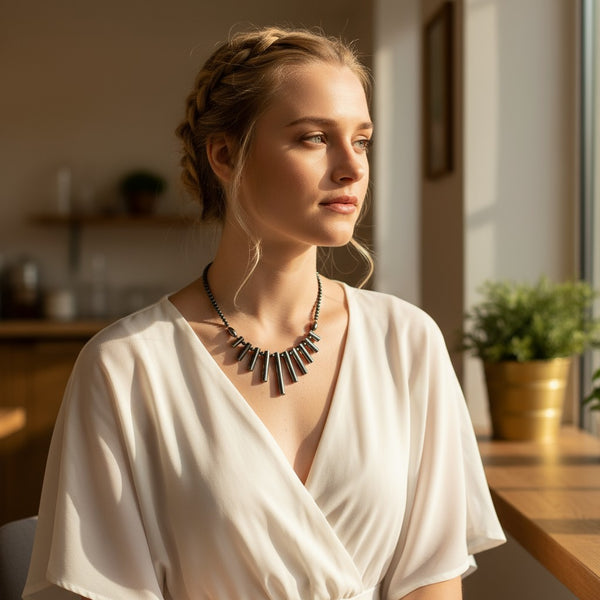 Collier plastron 45 cm en bâtonnets d'hématite naturelle