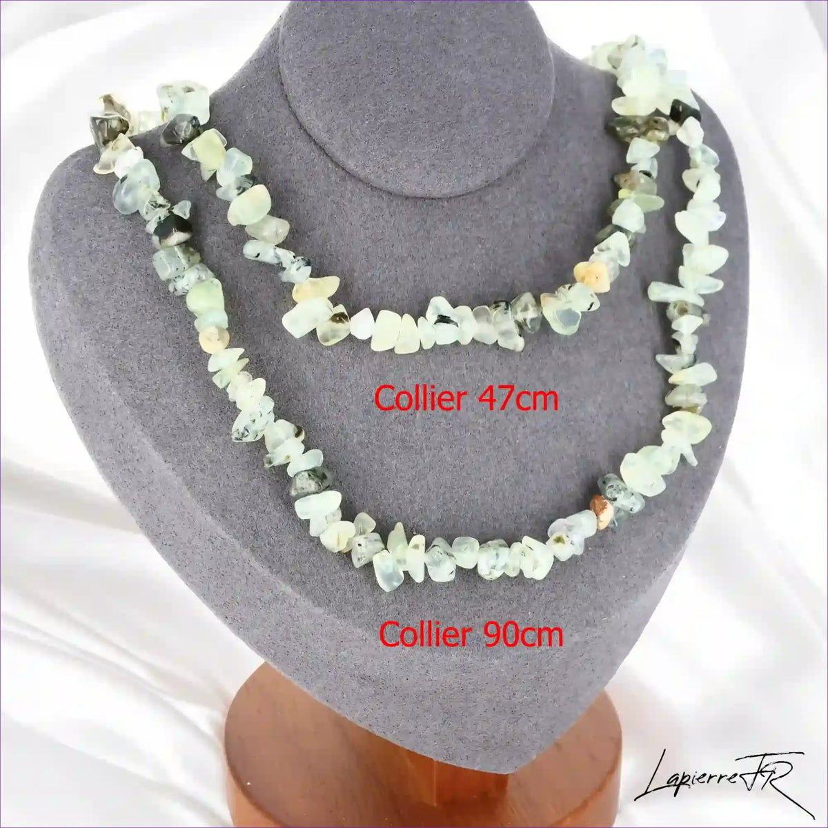 Collier ras de cou 42cm et sautoir 90cm en Prehnite (Murmure de Nature).
