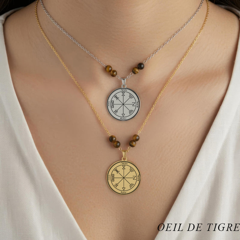 Collier talisman Premier Pentacle de Jupiter avec perles en œil de tigre, symbole de confiance et ancrage
