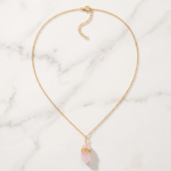 Collier quartz rose femme sur chaîne en acier doré réglable de 38 à 43 cm