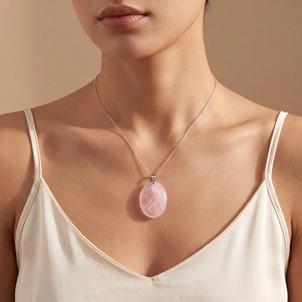 Pendentif pierre quartz rose porté par une femme, ovale plat rose sur chaîne fine