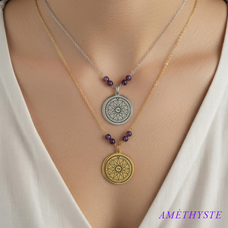 Collier talisman Quatrième Pentacle de Mercure avec perles en améthyste, bijou de clarté mentale et apaisement
