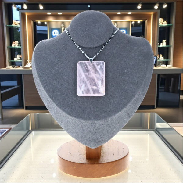 Collier rectangle en quartz rose, pierre plate